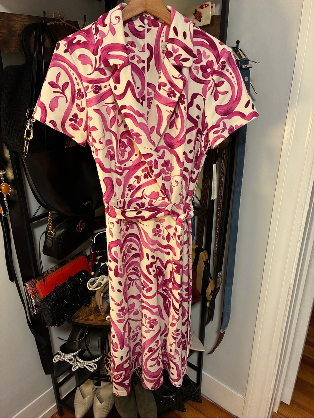 Shelby & Palmer Cream Midi Wrap Dress with Pink Floral Print